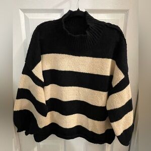 Classic Black & Cream Striped Turtleneck Sweater